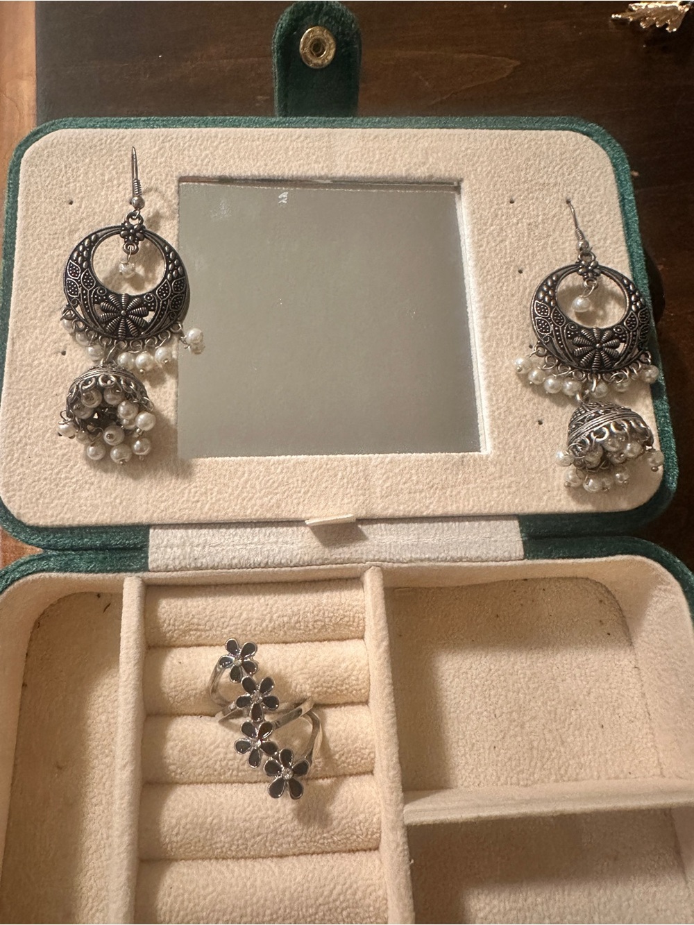 Silver-Tone Pearl Dangle Jhumka Earrings and Floral Ring Set - Silver